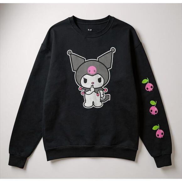 Kuromi‎ Sanrio Sweatshirt L Pink Skull Graphic Cozy Black Crewneck 2023 Bioworld - Picture 1 of 7